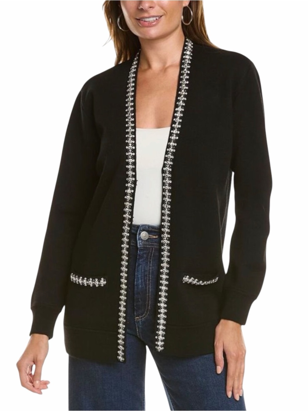 Alice + Olivia Bradford Wool Embellished Black Knit Cardigan Sweater LARGE